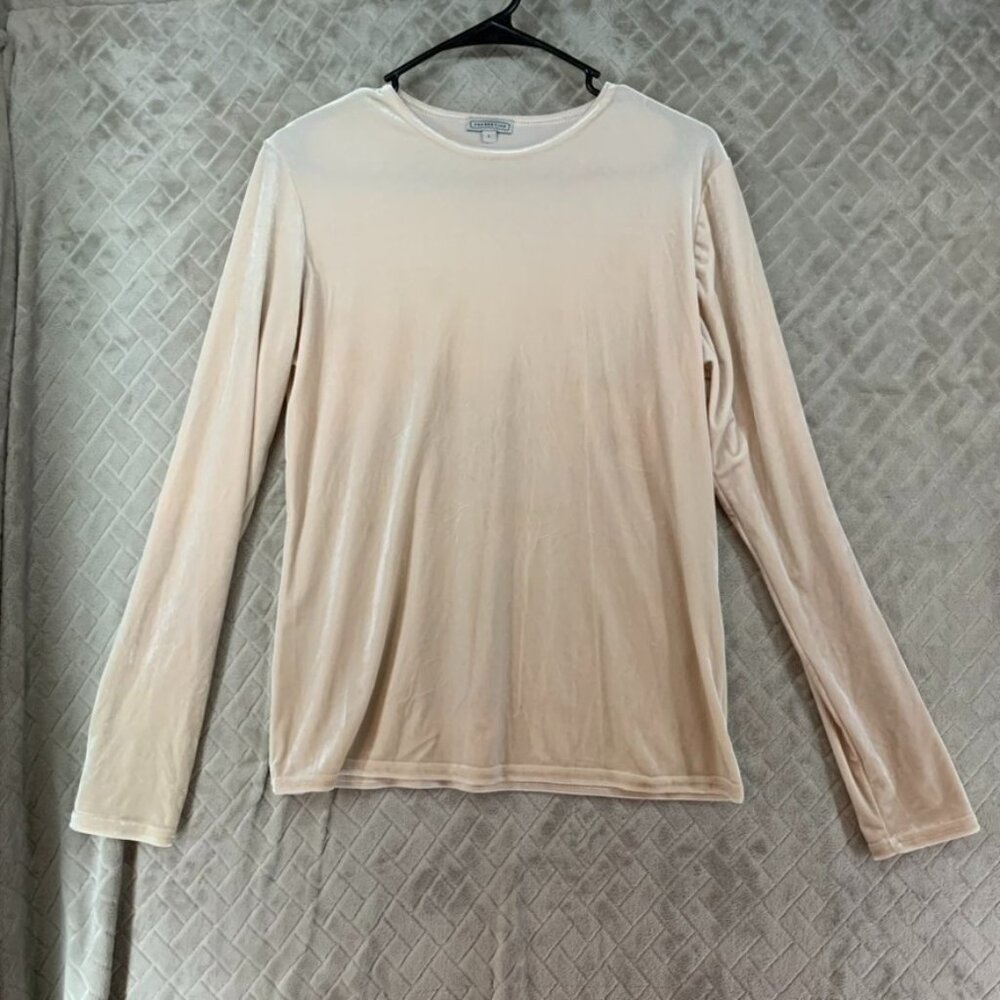 Pea Bee + Jae Womens Large Blouse Beige Velvet Long Sleeve T-Shirt Fitted